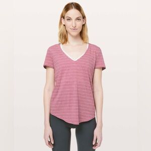 Lululemon Love Tee V, Short Serve Stripe Heathered So Merlot White, 4